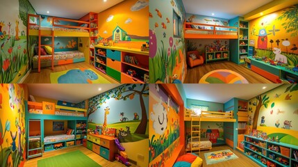Fototapeta premium A vibrant children's bedroom with a loft bed, colorful murals, and built-in storage for toys and books