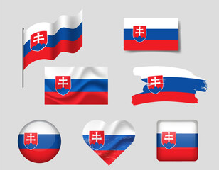 Slovakia flag - set of icons. Vector flag of Slovakia, symbol. Set of Slovakian flags - button, waved, heart.