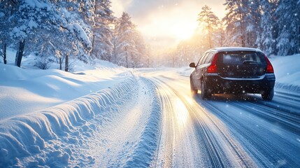 Car tires on winter road through snow covered forest trees, cold day winter panorama on the road through snowy alley, Vehicle on Snowy winter road in the morning at snowfall