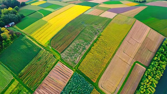 Aerial view of colorful farmland, showcasing rectangular fields of various crops. The diversity in color and pattern highlights the meticulous farming practices. Afternoon sunlight enhances the lush
