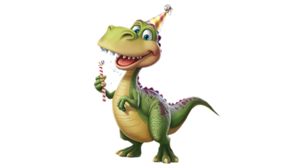 A happy dinosaur roams through a lush, prehistoric forest, its vibrant green skin glistening under the warm sunlight. With a wide grin stretching across its face, the dinosaur’s large, friendly eyes g