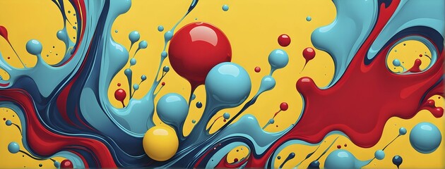 Abstract image with vibrant blue and red blobs and liquid shapes on a yellow background, AI generated
