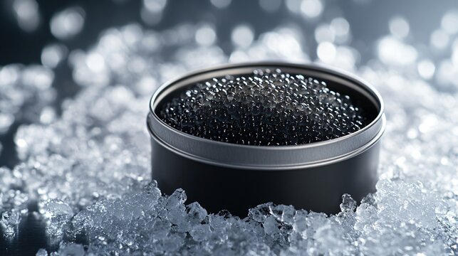 Tin of caviar resting on crushed ice, isolated on a sleek metallic background with subtle reflections