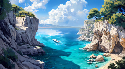 Breathtaking cliffside vista with crystal clear turquoise waters along a serene mediterranean high angle. Crystal Clear Waters. Illustration