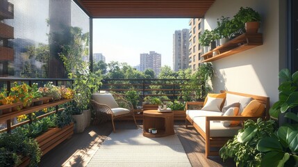 Fototapeta premium A cozy balcony with wooden furniture, a white rug, and lush greenery. The b