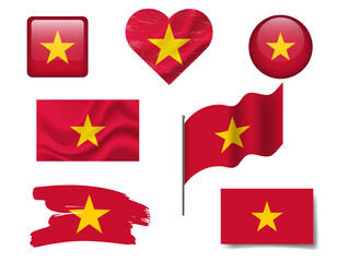 Vietnam flag set of icons. Vector flag of Vietnam symbol. Set of Vietnam flags button, brush, waved, heart.
