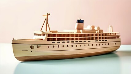 Obraz premium Vintage wooden cruise ship toy with a playful design in front of blurred background, AI generated