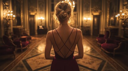 Elegant burgundy dress with statement jewelry in a luxurious room on New Years Eve