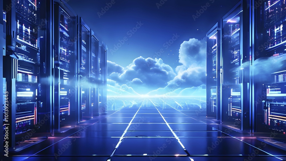 Poster server racks aligned in rows within a cloud computing data center background and data streams flowin