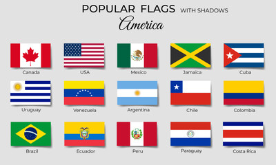 American flags with shadows. Rectangle america flags flat icons. Mexico, Ecuador, Peru, Brazil