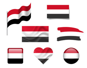 Yemen flag set of icons. Vector flag of Yemen, symbol. Set of Yemen flags button, brush, waved, heart.