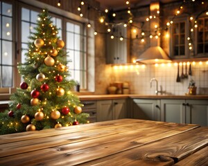 Festive kitchen backdrop with empty wooden table in foreground, Christmas tree and twinkling lights creating a warm, cozy atmosphere for holiday cooking and gatherings