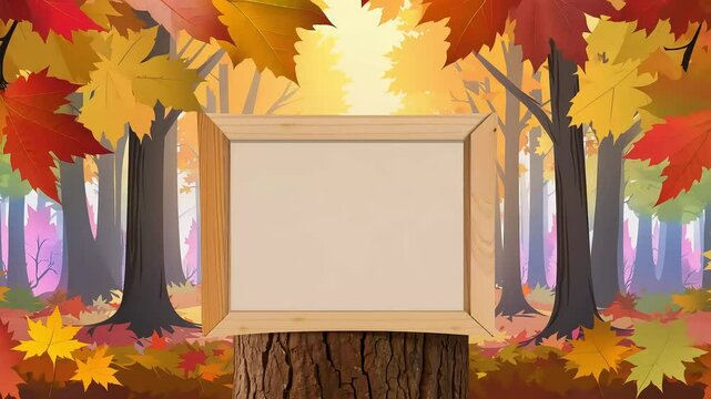 abstract autumn forest scene featuresborder colorful maple leaves andblank wooden tree bole captivating animation highlights blurred lights outdoor nature setting providing inviting backdrop product