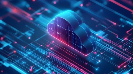 Fototapeta premium Isometric cloud storage illustration representing digital data transmission and network computing technologies, featuring a futuristic server and cloud icon