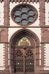 Entrance of the Herz Jesu-Kirche, or Sacred Heart Church, built in the style of Historicism, consecrated in 1897, Freiburg, Baden-Württemberg, Germany, Europe