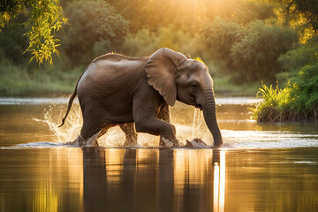 Baby elephant splashing water in a river