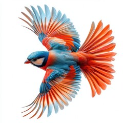 colorful bird with a long tail flying white background