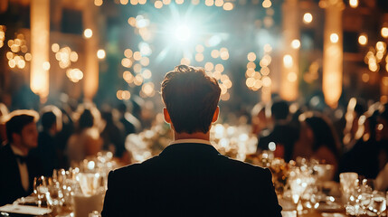 A man in a tuxedo sits at an elegant, candlelit dinner event, surrounded by guests, creating a warm and luxurious atmosphere.
