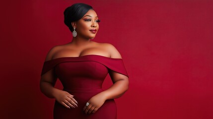 Stunning plus size woman model in a burgundy evening dress poses against a solid color background for the New Year celebration