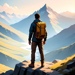 Solo Mountain Hiker Cartoon Adventure Backpacking Journey Scenic Landscape Nature Tourism Travel Illustration. Vibrant cartoon illustration depicting a lone male hiker on an exhilarating mountain.