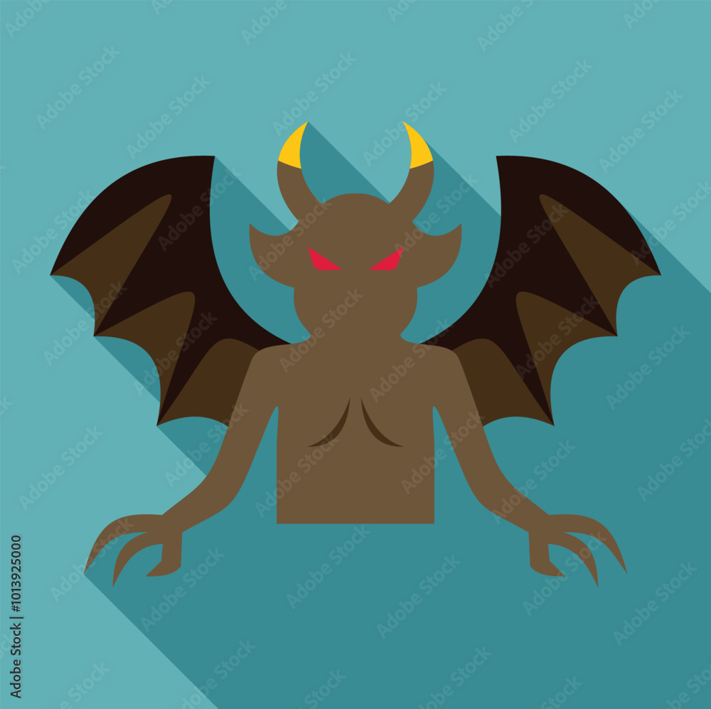 Aufkleber scary devil character spreading its wings with sharp claws in flat design with long shadow on turquo
