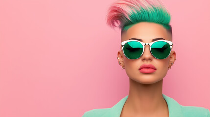 Fototapeta premium Beautiful woman with a fashionable hairstyle and sunglasses on a pink background, a young adult beauty portrait. Fashion photography for a magazine cover