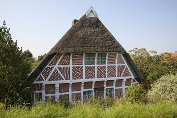 Obraz premium Thatched cottage, half-timbered house, Steinkirchen, Altes Land, Lower Saxony, Germany, Europe