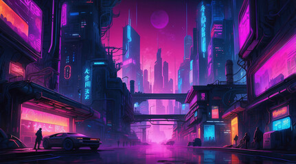 Obraz premium Futuristic Cyberpunk Cityscape With Neon Lights At Night