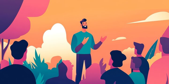 Inspirational Leader Speaking: Create an image of a confident leader speaking to a large audience, inspiring others to strive for success through their words.