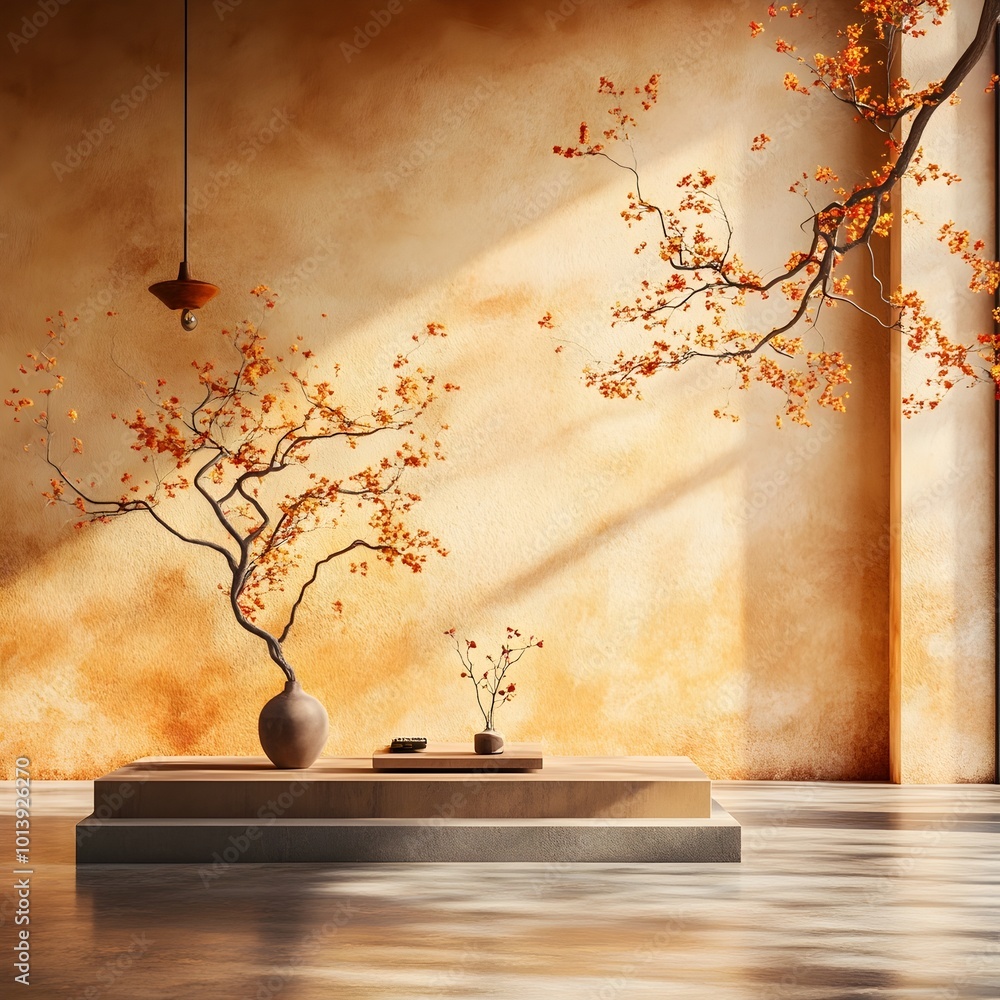 Poster cutting edge 3d studio space with opulent metallic gold backdrop bare floor and wall product showcas