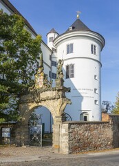 Obraz premium Portal with coat of arms of Saxony as entrance to Hartenfels Castle, Flaschenturm in the back, Torgau, Saxony, Germany, Europe