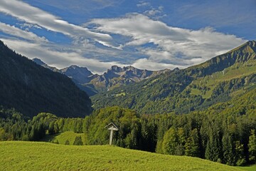 Wayside cross in the Oytal valley, behind the Stillachtal valley, Oberstdorf, Upper Allgaeu,...