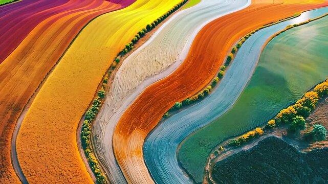 A striking aerial view of diverse agricultural fields displaying vibrant colors and rich patterns. Curved lines delineate multiple crop sections, creating a stunning visual of nature's artistry. The