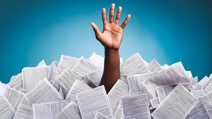 An accountant under a pile of office documents. A human hand emerges from a pit of accounting papers. Concept: accounting report, paperwork routine.