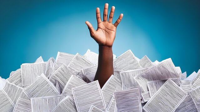 An accountant under a pile of office documents. A human hand emerges from a pit of accounting papers. Concept: accounting report, paperwork routine.