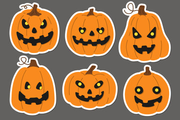 Vector illustration set of doodle Jack o Lantern pumpkins stickers for digital stamp,greeting card,sticker,icon,design