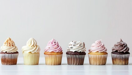 A row of cupcakes with different frosting designs, arranged in a straight...