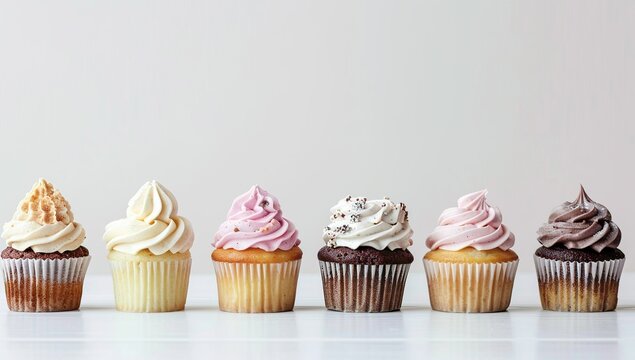 A row of cupcakes with different frosting designs, arranged in a straight...
