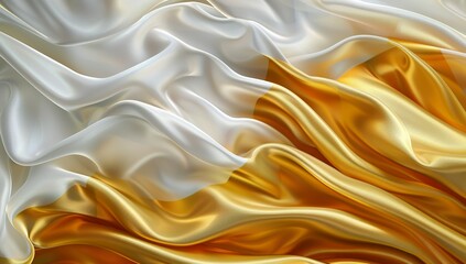 Obraz premium Abstract background with golden and white waves of silk fabric, 3d rendering...