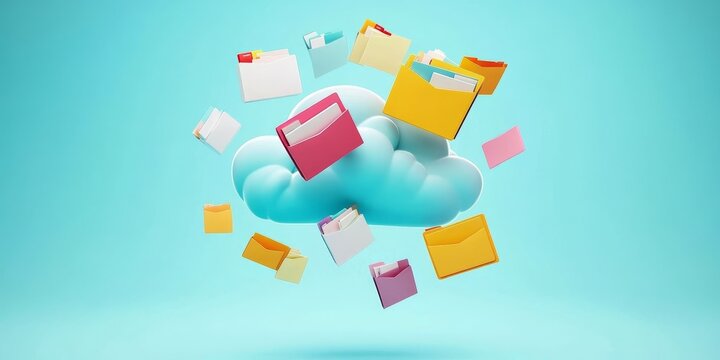 Data Storage in the Cloud: Create an image showing a digital cloud with folders and files being uploaded, symbolizing cloud storage services.