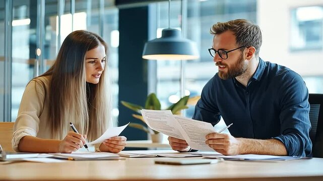 young couple engaged in a detailed discussion with an insurance agent, examining insurance documents together in a modern office environment