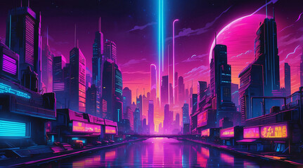 Futuristic Cyberpunk Cityscape With Neon Lights At Night