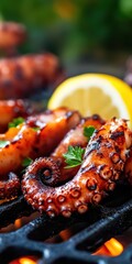 Fototapeta premium Closeup of grilled octopus tentacles garnished with lemon and herbs, grilled octopus, seafood appetizer