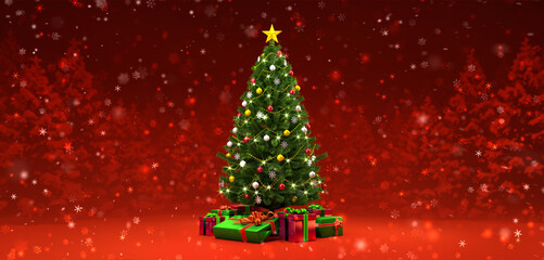 Red and gold decorated Christmas tree with many gifts and heavy snowfall over winter forest on background. Winter holiday 3D illustration ideal for social media advertisement.