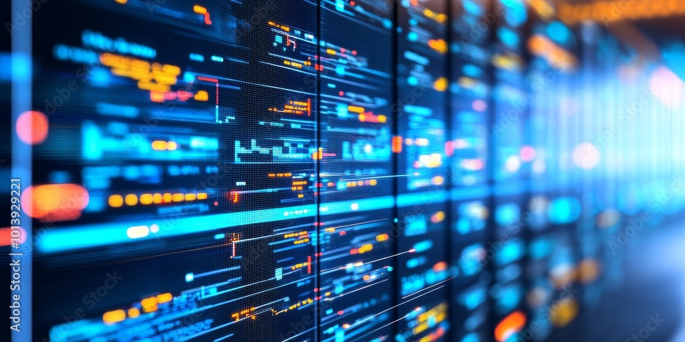 Poster Network Monitoring Tools: Depict a computer screen displaying network monitoring software, with alerts and performance metrics.