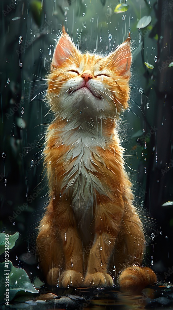 Sticker Cute Orange Tabby Kitten Enjoying the Rain