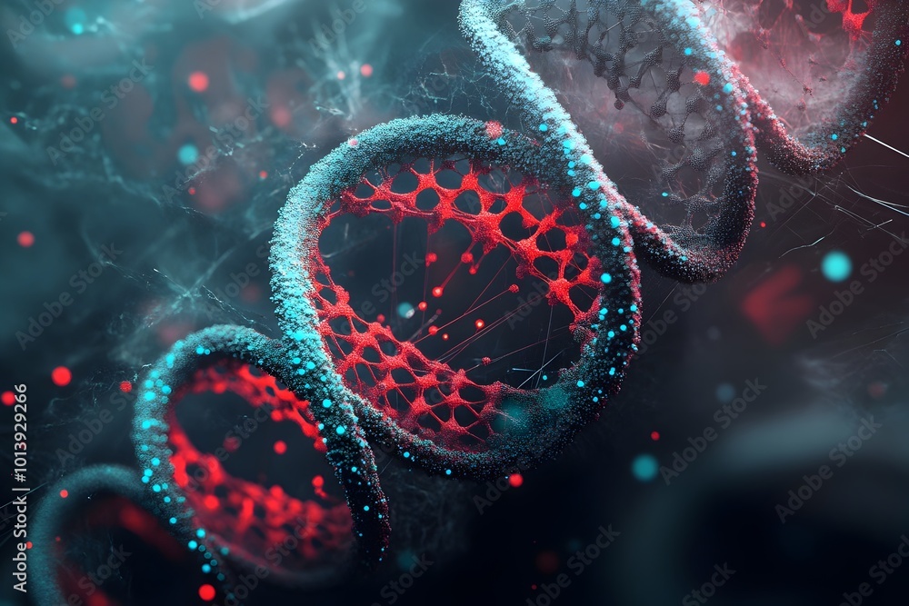 Poster captivating dna helices entwining in vibrant abstract molecular design intricate microscopic cellula