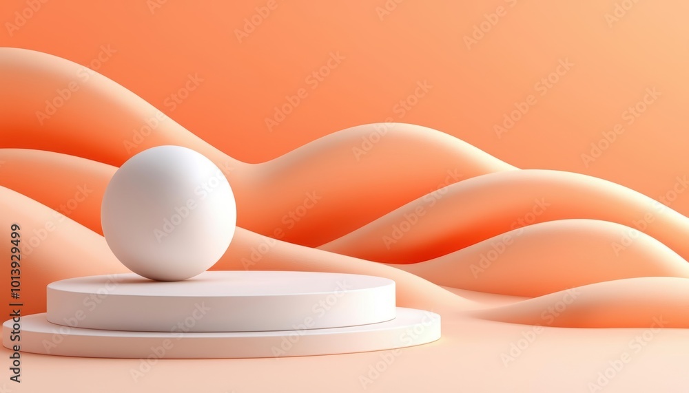 Poster abstract composition featuring a sphere on a pedestal against soft wave-like background in warm hues