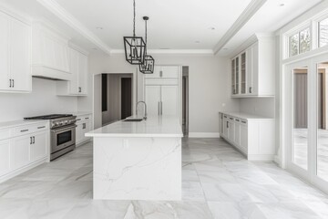 a minimalist kitchen with white cabinets and a marble countertop