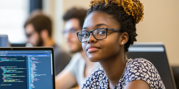Coding Bootcamp: Create an image of a diverse group of individuals in a tech classroom, learning to code on laptops, with coding languages displayed on screens.